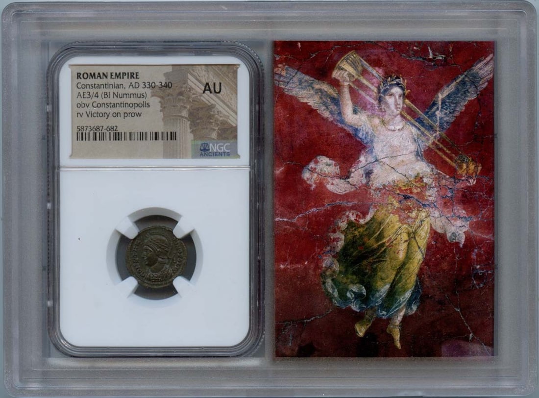 Roman Empire AE3 or AE4 Coin Constantine AD 330-340 NGC AU50 Certified: Roman Empire AE3 or AE4 Coin Constantine AD 330-340 NGC AU50 Certified This is an Ancient Roman AE3/4 coin from the era of Constantine, dated AD 330-340. The coin is certified by NGC with a grade of A