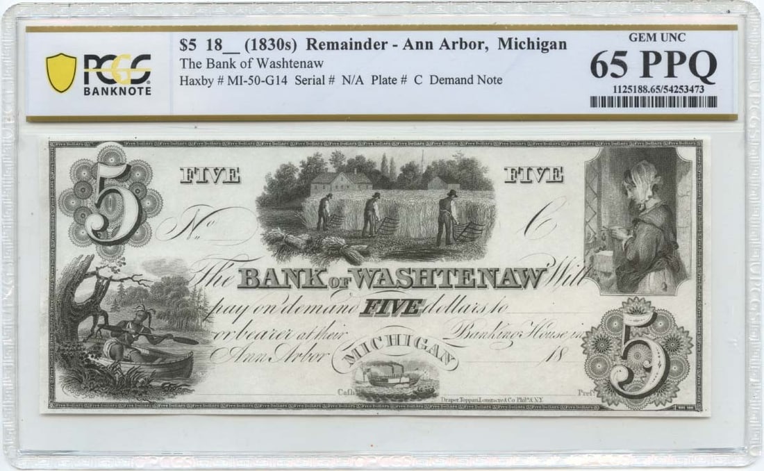 Bank of Washtenaw Ann Arbor Michigan $5 Obsolete Note PCGS Gem 65 PPQ: Bank of Washtenaw Ann Arbor Michigan $5 Obsolete Note PCGS Gem 65 PPQ 1830s $5 obsolete note from the Bank of Washtenaw in Ann Arbor, Michigan. This pre-owned banknote is certified by PCGS Banknote an