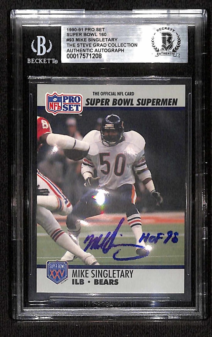 Mike Singletary Signed 1990-91 Pro Set Super Bowl 160 #93 Beckett Authenticated Card: Mike Singletary Signed 1990-91 Pro Set Super Bowl 160 #93 Beckett Authenticated Card This is an autographed 1990-91 Pro Set Super Bowl 160 #93 sports trading card featuring Hall of Fame linebacker Mik