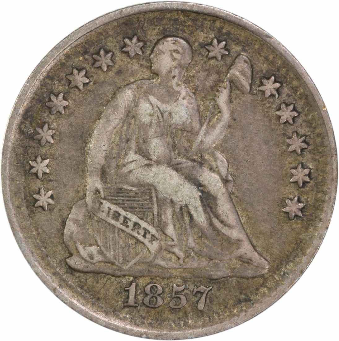 1857 Liberty Seated Half Dime 90% Silver Uncertified: 1857 Liberty Seated Half Dime 90% Silver Uncertified This 1857 Liberty Seated Silver Half Dime is an exquisite piece of American numismatic history. Struck in Philadelphia, this coin features the icon