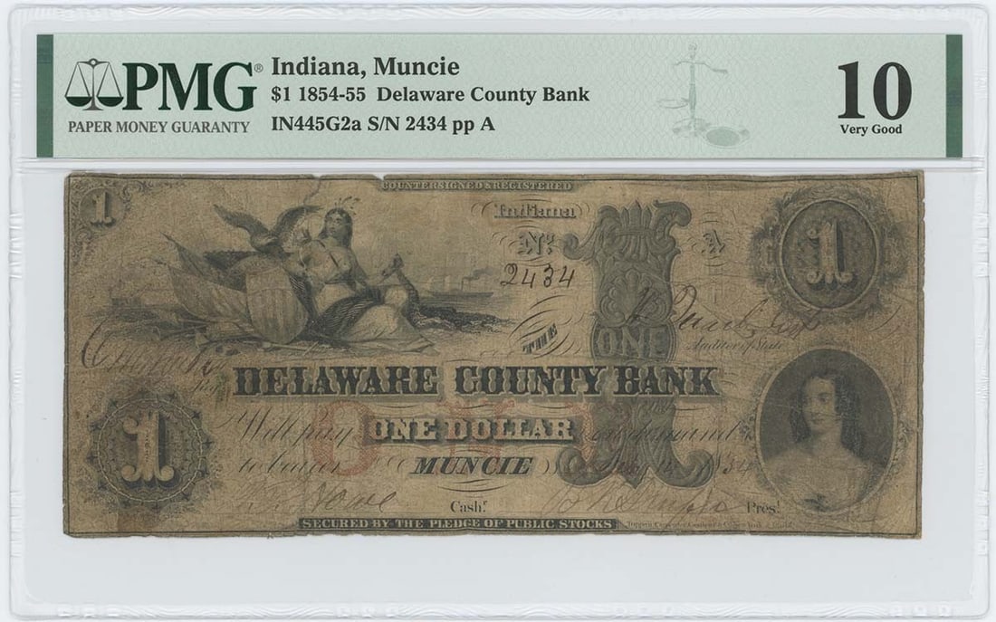 1854 Rare PMG VG10 Obsolete Note Delaware County Bank Muncie Indiana: 1854 Rare PMG VG10 Obsolete Note Delaware County Bank Muncie Indiana This is a rare obsolete note from the Indiana Muncie Delaware C. Bank, issued in 1854-55 and certified by PMG with a grade of VG10.