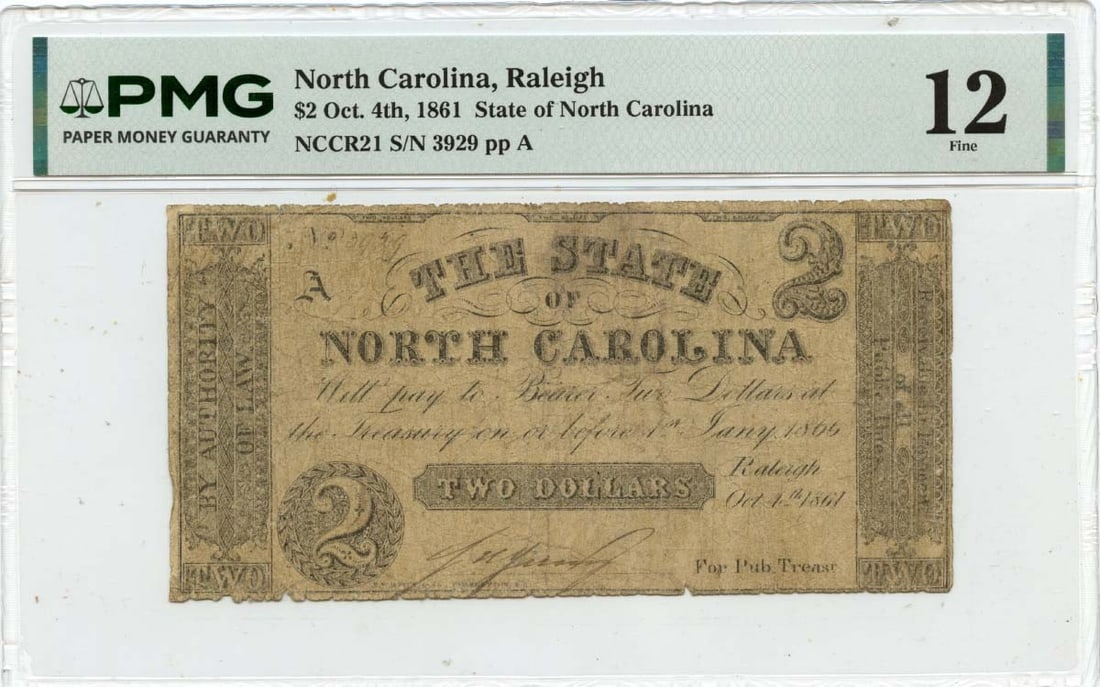 State of North Carolina 1861 Two Dollar Obsolete Currency PMG F12 Raleigh Issue (1 of 2)