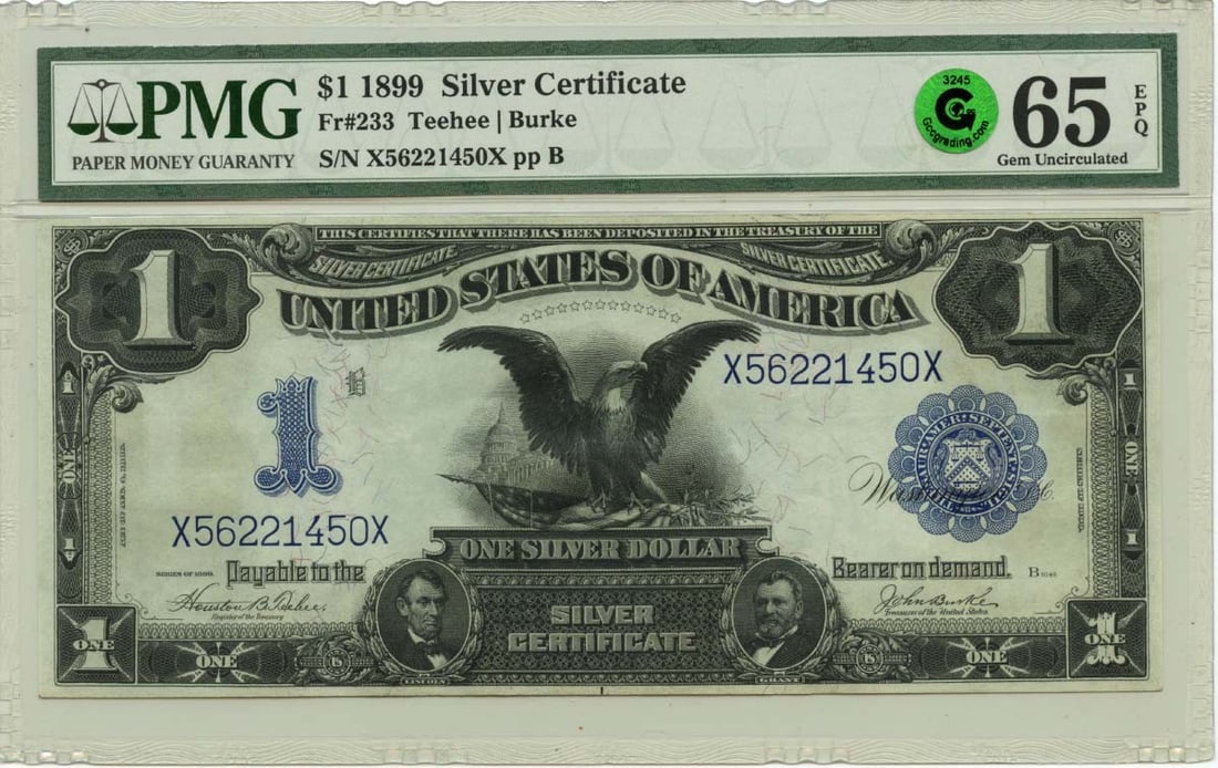 PMG 65 EPQ 1899 United States $1 Silver Certificate Fr 233: PMG 65 EPQ 1899 United States $1 Silver Certificate Fr 233 1899 $1 Silver Certificate graded PMG Gem 65 EPQ. This pre-owned United States note is listed as uncirculated and features the GCC Green desi