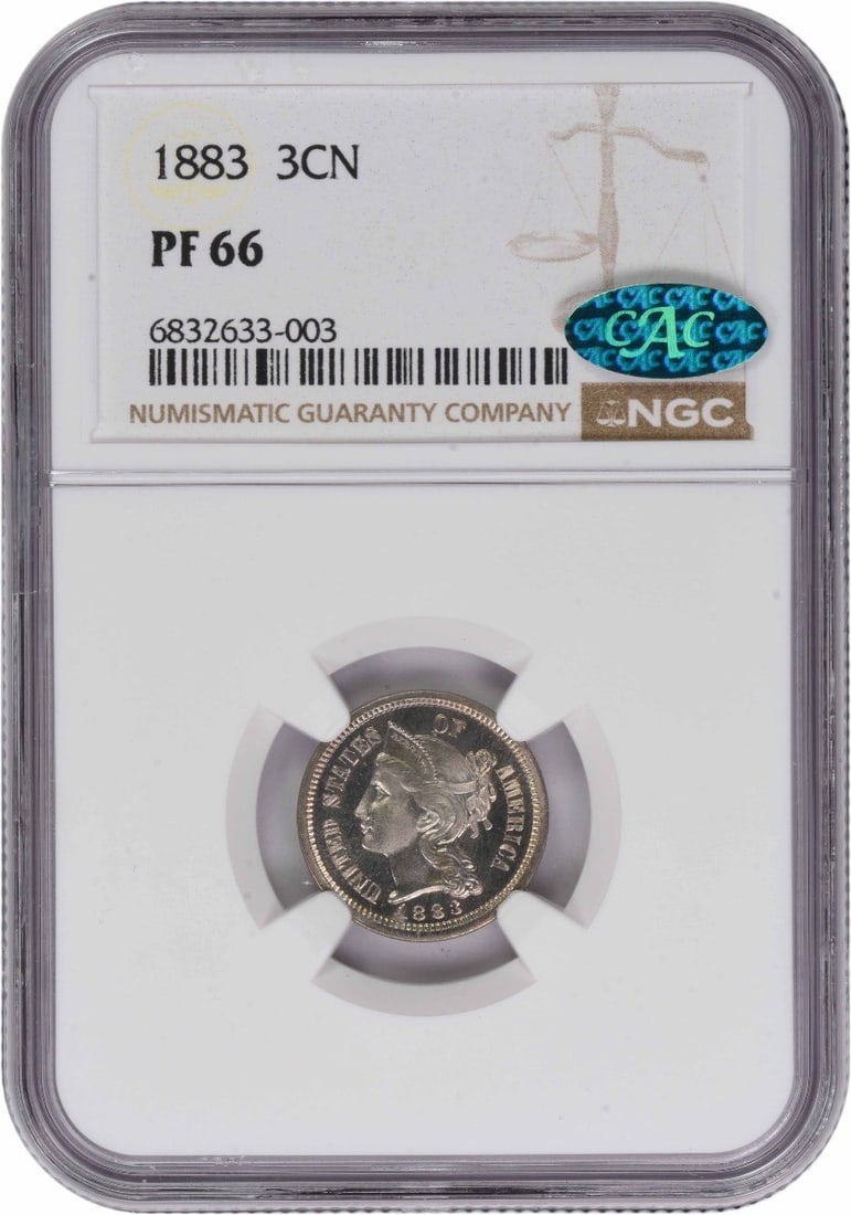 1883 Proof Three Cent Nickel Coin NGC PR66 CAC Certified: 1883 Proof Three Cent Nickel Coin NGC PR66 CAC Certified This 1883 Three Cent Nickel coin is a proof strike graded PR66 by NGC and certified by CAC. Struck at the Philadelphia Mint, it is composed of 
