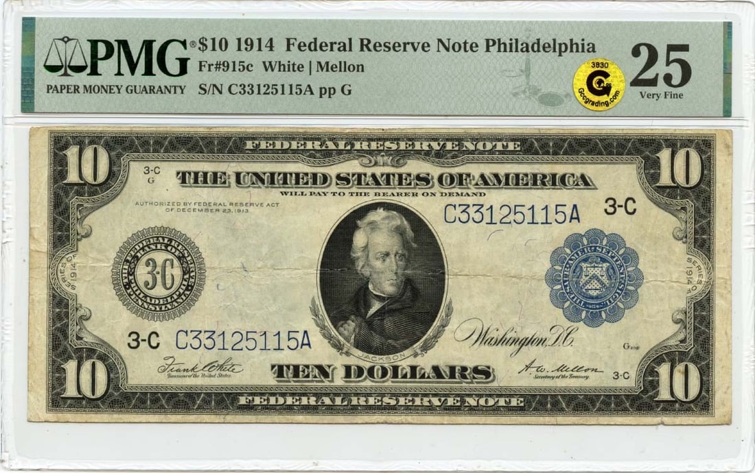 1914 $10 Federal Reserve Note PMG VF25 Philadelphia Fr# 915c: 1914 $10 Federal Reserve Note PMG VF25 Philadelphia Fr# 915c This 1914 $10 Federal Reserve Note from Philadelphia is a noteworthy addition for collectors. It is certified by PMG with a grade of VF25, 