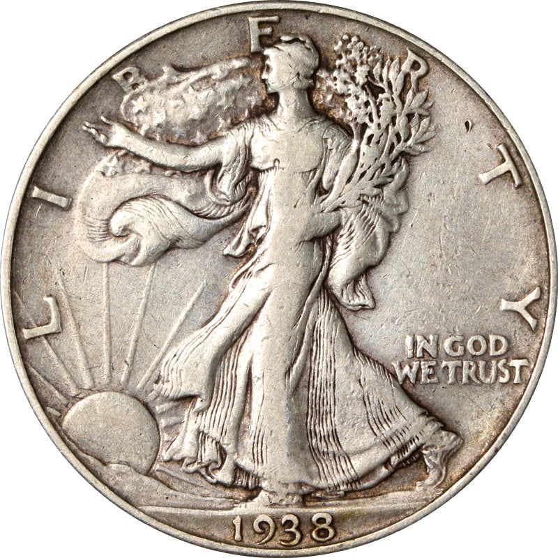 Silver Walking Liberty Half Dollar 1938 D Key Date US Coin: Silver Walking Liberty Half Dollar 1938 D Key Date US Coin This is a 1938-D Walking Liberty Half Dollar, considered a key date for collectors. The coin is made of 90% silver, minted in Denver in 1938.