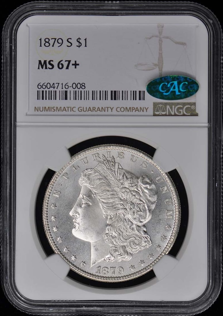 1879-S Morgan Dollar NGC MS67+ CAC Uncirculated Coin: 1879-S Morgan Dollar NGC MS67+ CAC Uncirculated Coin This 1879-S Morgan Dollar is certified by NGC with a grade of MS67+, indicating it is in uncirculated condition and showcases exceptional quality. 