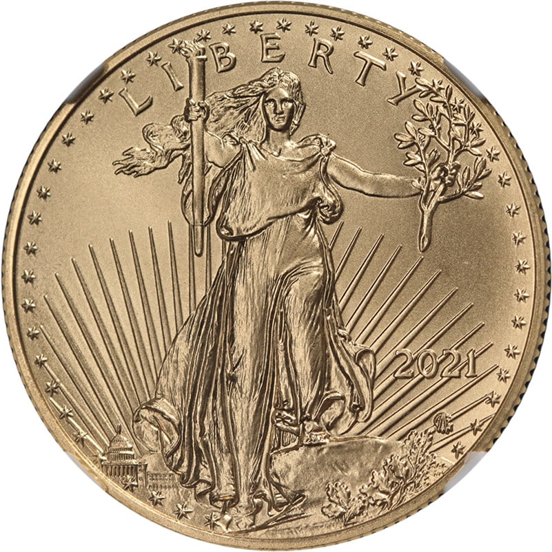 2021 $25 Gold Eagle Type 2 NGC MS70 Uncirculated Coin: 2021 $25 Gold Eagle Type 2 NGC MS70 Uncirculated Coin This 2021 Gold American Eagle $25 coin is an un-used, pre-owned collectible featuring a Type 2 design. Certified and graded MS70 by NGC, it comes 