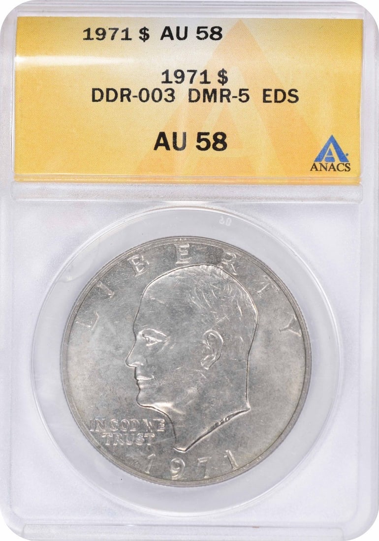 ANACS AU58 1971 Eisenhower Dollar DDR-003 Clad $1 Coin: ANACS AU58 1971 Eisenhower Dollar DDR-003 Clad $1 Coin 1971 Eisenhower Dollar DDR-003 certified by ANACS. This pre-owned coin is a circulated example graded AU58 and struck in clad composition. Specif