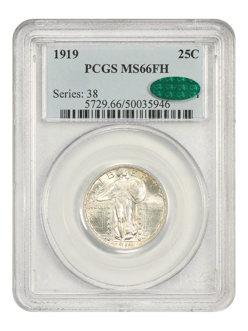 Standing Liberty Quarter 1919 25C PCGS MS66FH CAC: Standing Liberty Quarter 1919 25C PCGS MS66FH CAC 1919 Standing Liberty Quarter, denomination 25C, struck at the Philadelphia Mint. It is an uncirculated example certified by PCGS with CAC approval an