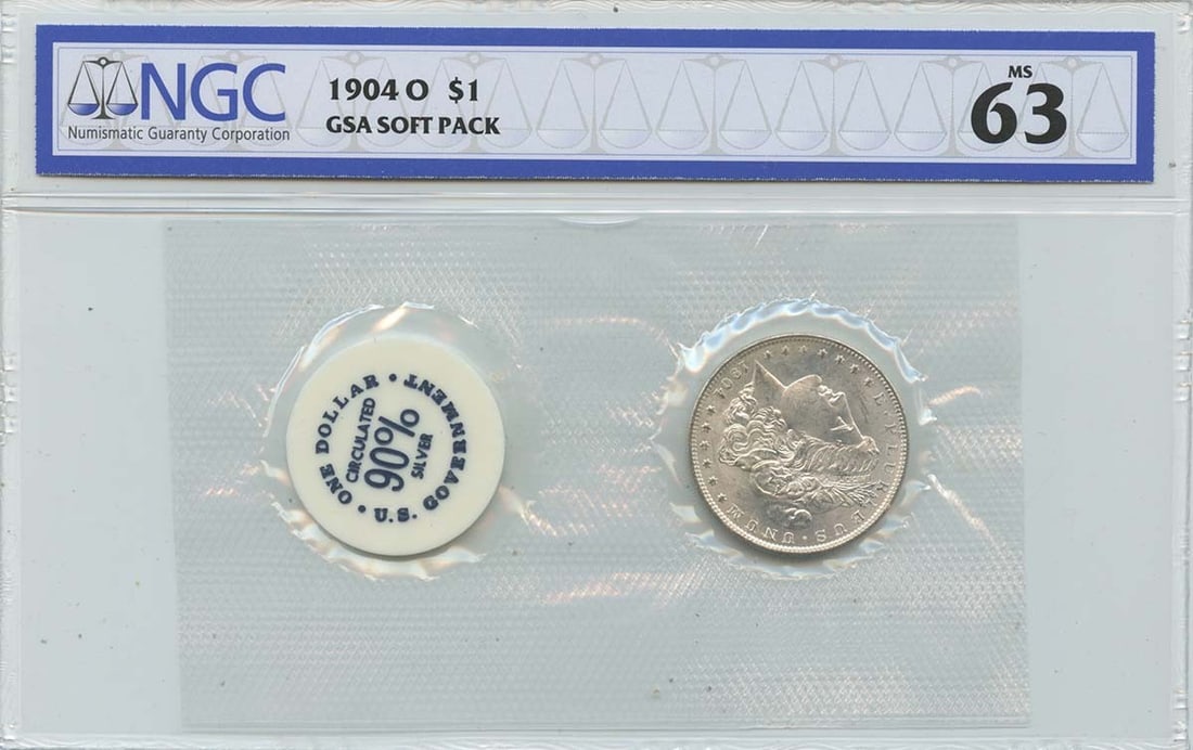 NGC MS63 1904-O Morgan Silver Dollar GSA Soft Pack New Orleans Mint: NGC MS63 1904-O Morgan Silver Dollar GSA Soft Pack New Orleans Mint This 1904-O Morgan Dollar is presented in a GSA soft pack and certified by NGC with a grade of MS63. Struck at the New Orleans Mint,