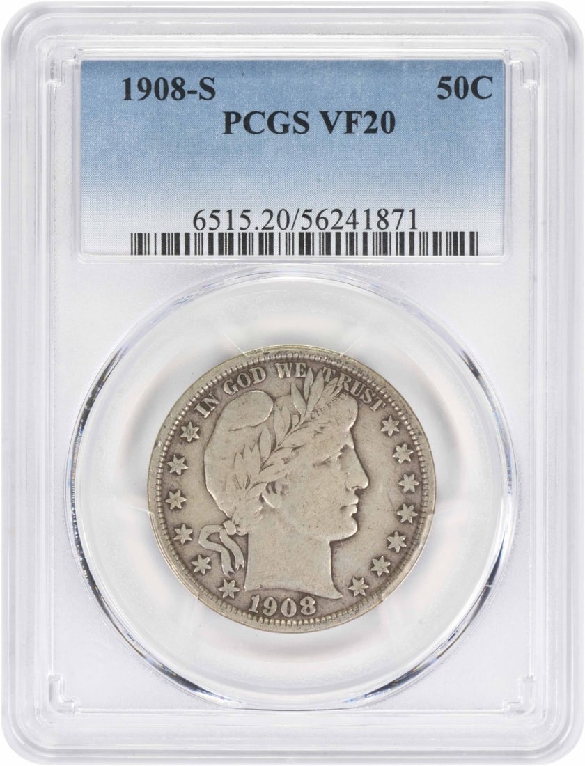 PCGS VF20 1908 S Barber 50C Silver Half Dollar: PCGS VF20 1908 S Barber 50C Silver Half Dollar 1908-S Barber Silver Half Dollar, graded VF20 by PCGS. This circulated United States 50C coin is a pre-owned example of the Barber series. Specifications