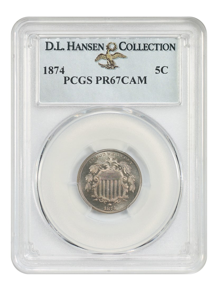 1874 Shield Nickel 5C PCGS PR67CAM ex D.L. Hansen: 1874 Shield Nickel 5C PCGS PR67CAM ex D.L. Hansen 1874 Shield Nickel graded PCGS PR67CAM. From a low mintage of 700 coins, this piece is bested by only four pieces, all PR67+, with no DCAM examples nu
