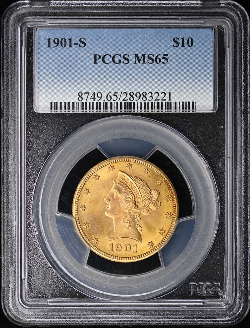 PCGS MS65 1901 San Francisco Liberty Head Ten Dollar Gold Coin: PCGS MS65 1901 San Francisco Liberty Head Ten Dollar Gold Coin This is a 1901-S $10 Liberty Head Eagle gold coin certified by PCGS with a grade of MS65. The coin is uncirculated and was minted in San 