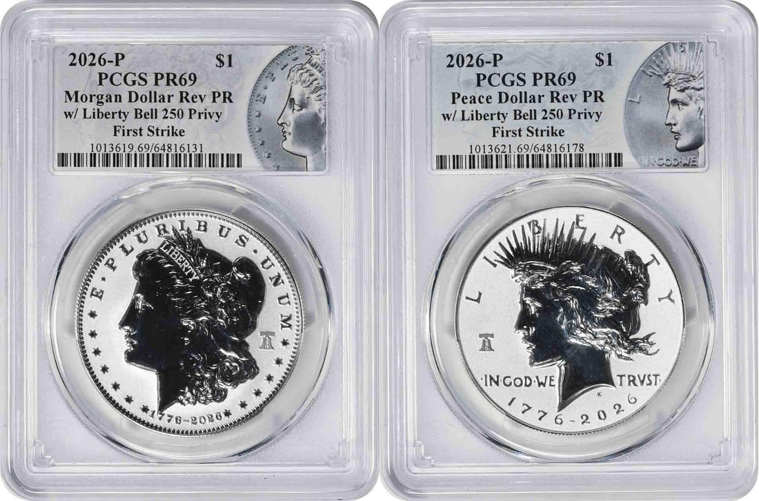 PCGS PR69 FS 2026 P Reverse Proof Morgan Peace Silver Dollar Set: PCGS PR69 FS 2026 P Reverse Proof Morgan Peace Silver Dollar Set 2026-P Morgan and Peace Silver Dollar Reverse Proof Set graded PR69 FS by PCGS. This uncirculated silver coin set includes Morgan and P