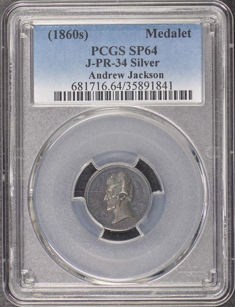 Andrew Jackson silver medalet PCGS SP64 1860: Andrew Jackson silver medalet PCGS SP64 1860 This 1860 Andrew Jackson medalet is struck in silver and graded PR64 by PCGS. Featuring a detailed profile of Andrew Jackson, this uncirculated piece offer