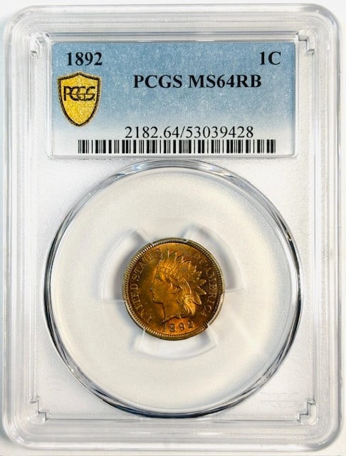 1892 Indian Head Cent PCGS MS-64 RB: 1892 Indian Head Cent PCGS MS-64 RB This 1892 Indian Head Small Cent is composed of copper and has been graded MS-64 Red Brown (RB) by PCGS. Minted in Philadelphia, it is a pre-owned collectible coin 
