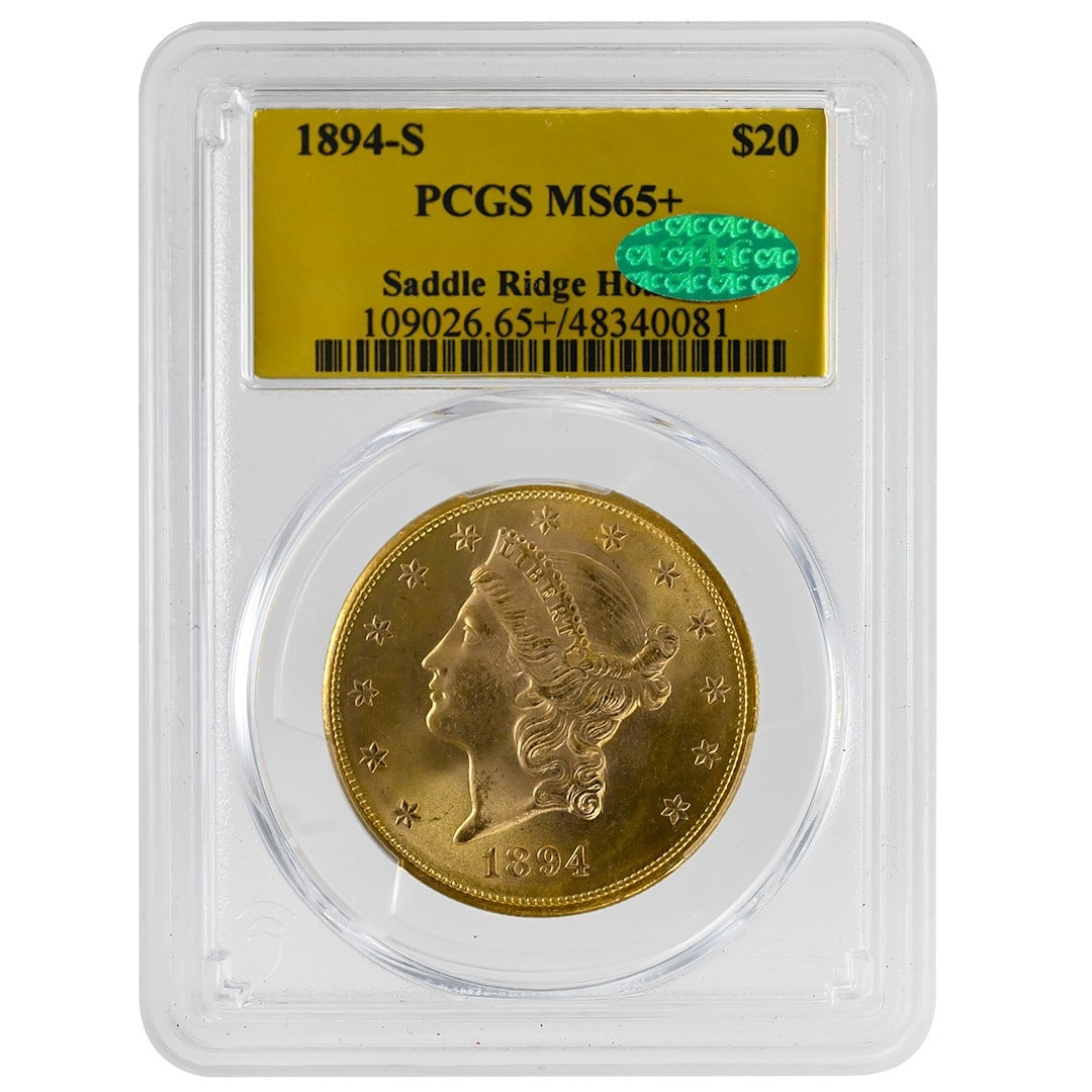 Saddle Ridge Hoard 1894-S $20 Liberty Head Gold PCGS MS65+ CAC: Saddle Ridge Hoard 1894-S $20 Liberty Head Gold PCGS MS65+ CAC 1894-S $20 Liberty Head gold coin from the Saddle Ridge Hoard, certified by PCGS and CAC. This uncirculated example is graded MS65+ and i