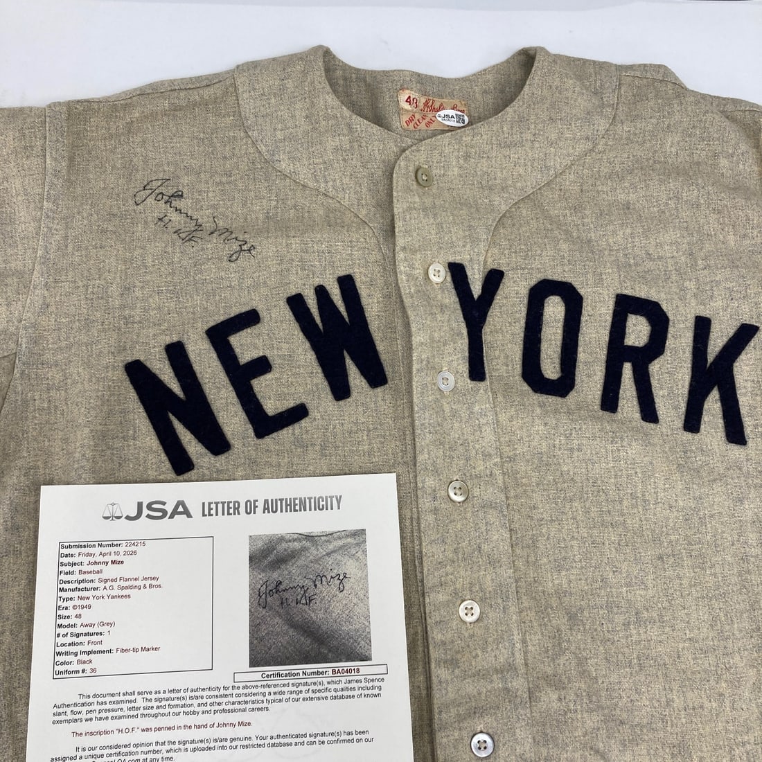 Signed 1949 Yankees Jersey Johnny Mize JSA COA: Signed 1949 Yankees Jersey Johnny Mize JSA COA This vintage 1949 New York Yankees jersey is signed by Johnny Mize and comes with a Certificate of Authenticity from James Spence Authentication (JSA). T