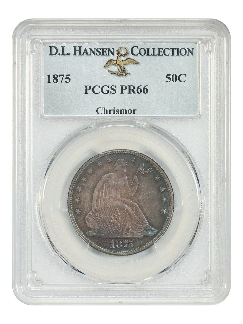 PCGS PR66 1875 Liberty Seated Half Dollar 50C ex D.L. Hansen Chrismor: PCGS PR66 1875 Liberty Seated Half Dollar 50C ex D.L. Hansen Chrismor 1875 Liberty Seated Half Dollar certified by PCGS as PR66. This pre-owned proof coin is described as uncirculated and features bri