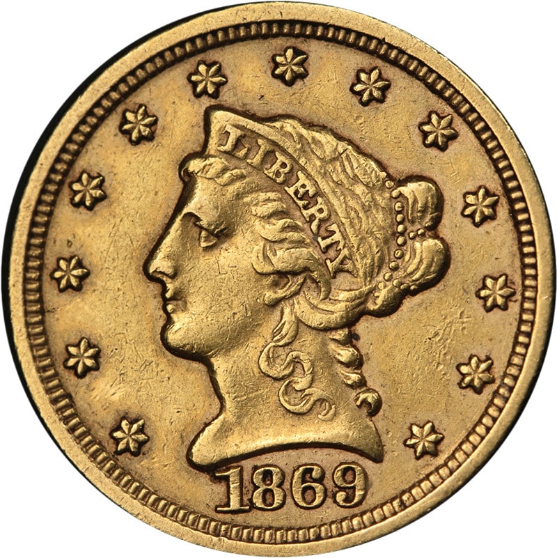 1869-S Liberty Head Quarter Eagle Gold Coin XF AU: 1869-S Liberty Head Quarter Eagle Gold Coin XF AU 1869-S Liberty Gold $2.50 coin with nice eye appeal, a nice strike, and attractive color and surfaces. This circulated pre-owned example is described 