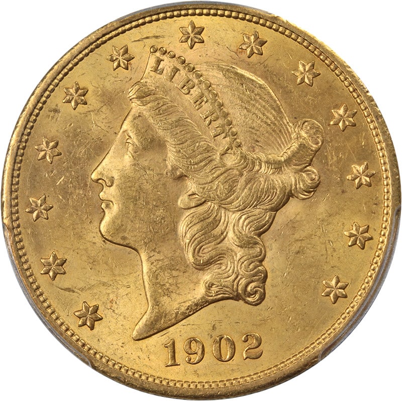 1902-P Liberty Gold $20 PCGS MS63 Strong Strike with Eye Appeal: 1902-P Liberty Gold $20 PCGS MS63 Strong Strike with Eye Appeal This stunning 1902-P Liberty Gold $20 coin is certified by PCGS with a grade of MS63, showcasing excellent eye appeal, impressive luster