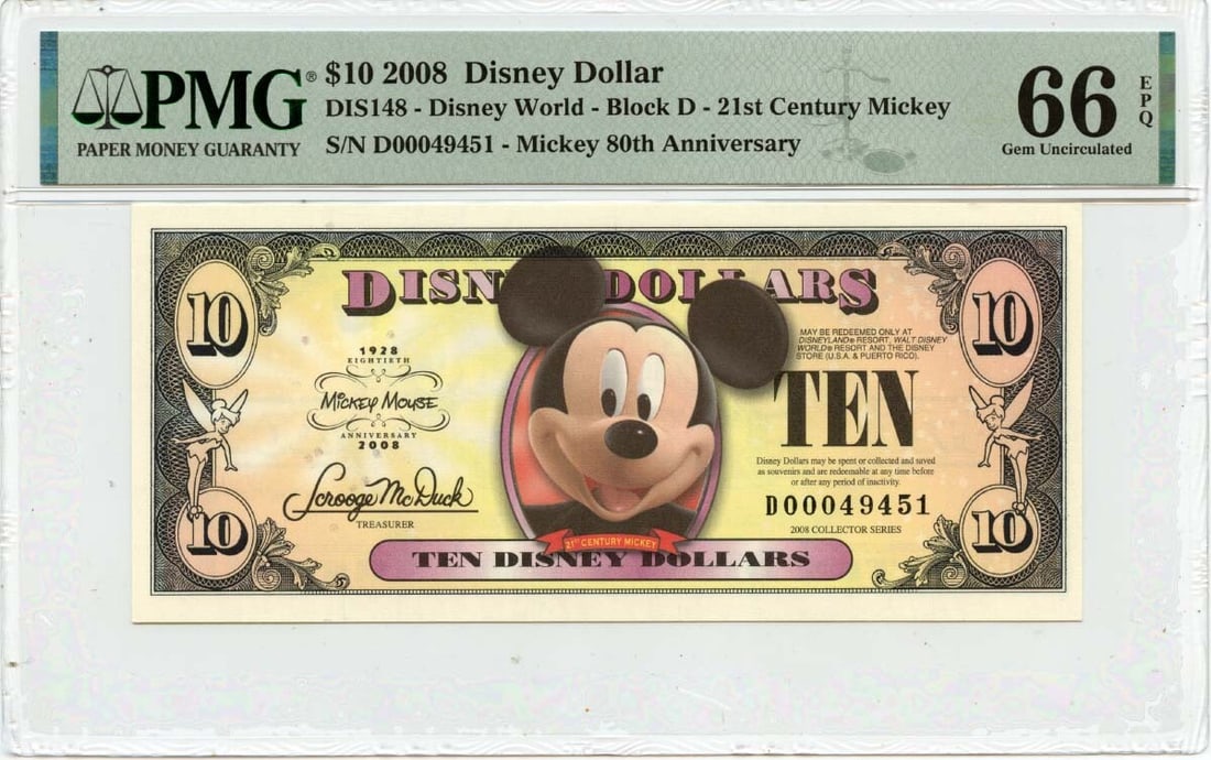 PMG MS66 Disney Dollar $10 2008 Mickey Mouse 80th Anniversary Note: PMG MS66 Disney Dollar $10 2008 Mickey Mouse 80th Anniversary Note This 2008 $10 Disney Dollar commemorates Mickey Mouse's 80th Anniversary. The note is certified by PMG with a Gem66 EPQ grade and is 