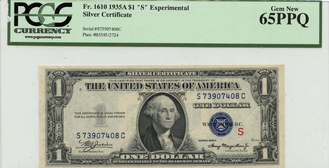 1935A Experimental Series S $1 Silver Certificate PCGS MS65 Uncirculated: 1935A Experimental Series S $1 Silver Certificate PCGS MS65 Uncirculated This 1935A $1 Experimental (S) Silver Certificate is graded Gem 65PPQ by PCGS Currency, indicating an uncirculated condition. I