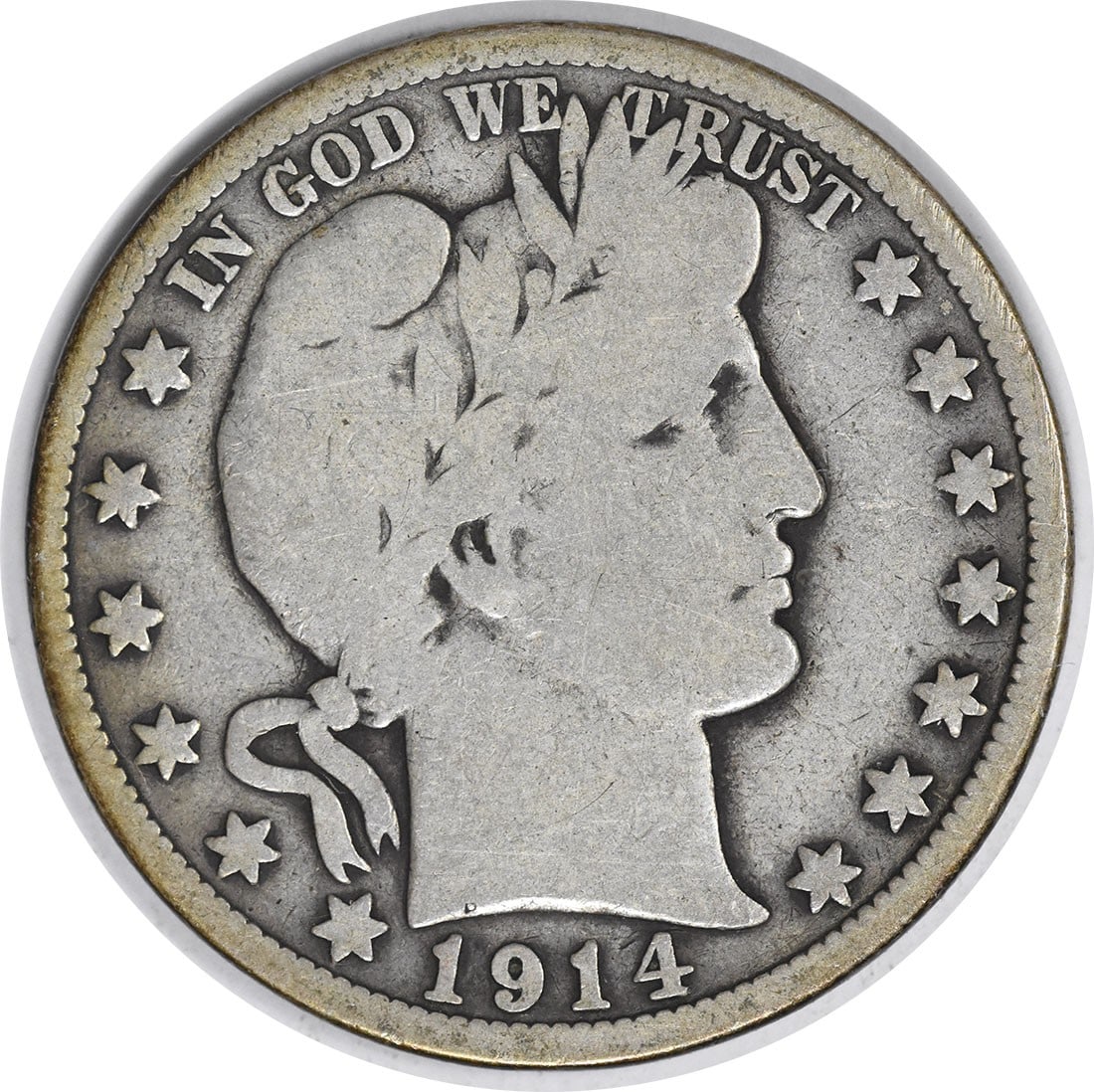 1914 United States 50C Barber Half Dollar Silver VG Uncertified: 1914 United States 50C Barber Half Dollar Silver VG Uncertified 1914 Barber Half Dollar in circulated VG condition. This uncertified United States 50C coin is composed of silver and is offered as a pr