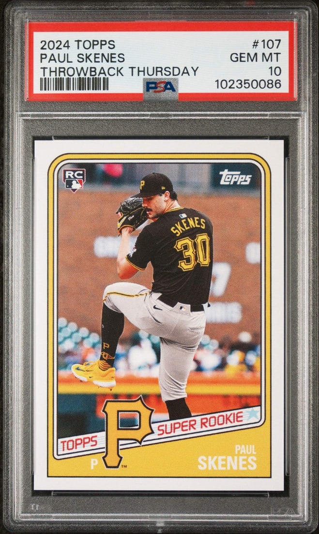 PSA 10 Paul Skenes 2024 Topps Throwback Thursday #107 Rookie Card: PSA 10 Paul Skenes 2024 Topps Throwback Thursday #107 Rookie Card Graded 2024 Topps Throwback Thursday rookie baseball card featuring Paul Skenes of the Pittsburgh Pirates. This original card is encap