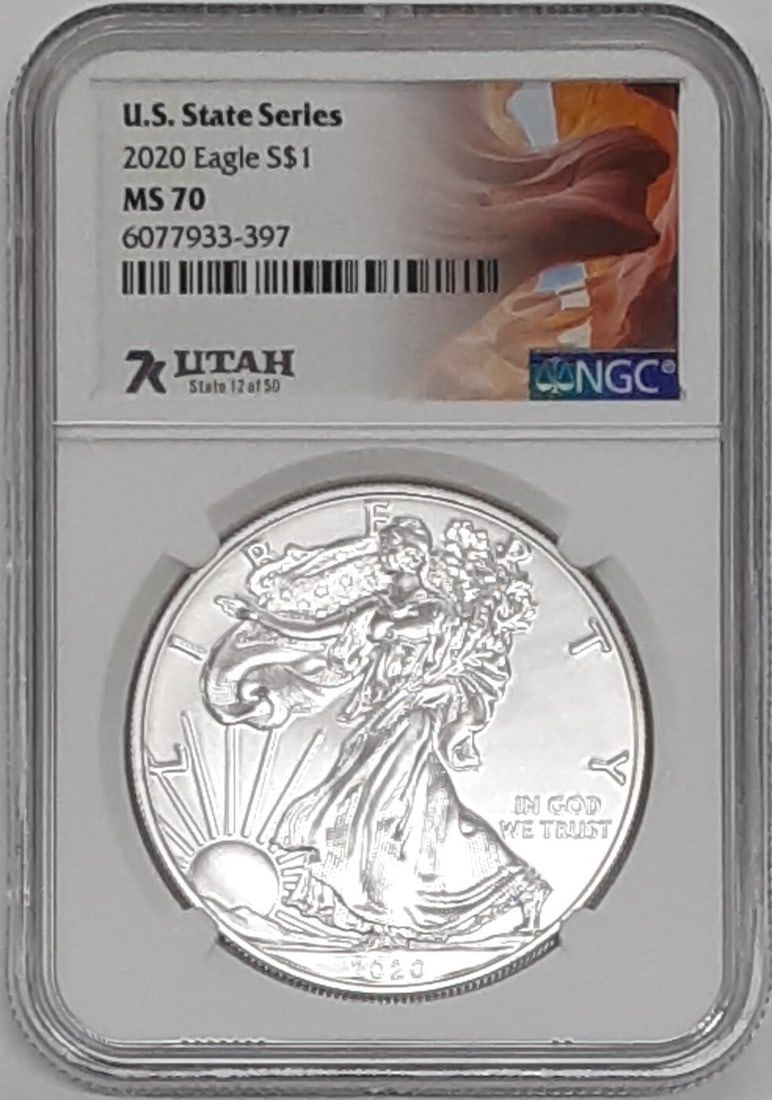 Utah 7K Label US State Series 2020 Silver Eagle 1 Oz NGC MS 70: Utah 7K Label US State Series 2020 Silver Eagle 1 Oz NGC MS 70 This is a 2020 American Silver Eagle 1 oz silver coin, part of the U.S. State Series featuring a 7K label for Utah. The coin is composed 