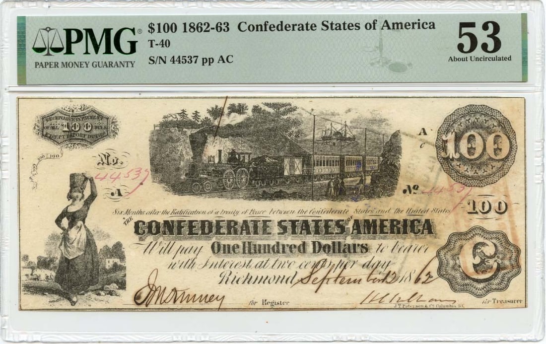 PMG AU53 1862 Confederate States of America T-40 $100 Note: PMG AU53 1862 Confederate States of America T-40 $100 Note 1862 Confederate States of America T-40 $100 note graded PMG AU53. This pre-owned note is a circulated example and is identified by certifica