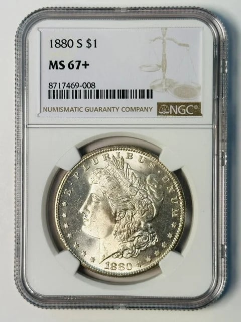NGC MS-67+ 1880 S Morgan Dollar Silver USA Coin: NGC MS-67+ 1880 S Morgan Dollar Silver USA Coin 1880 Morgan Silver Dollar certified by NGC and graded MS 67+. This pre-owned coin is struck in silver and has a one dollar denomination. Specifications 