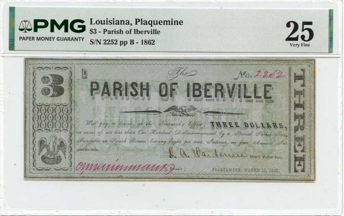 PMG VF25 1862 $3 Obsolete Note Plaquemine Iberville Parish Louisiana: PMG VF25 1862 $3 Obsolete Note Plaquemine Iberville Parish Louisiana 1862 Plaquemine, Louisiana obsolete note from the Parish of Iberville, graded PMG VF25. This pre-owned note is a circulated example