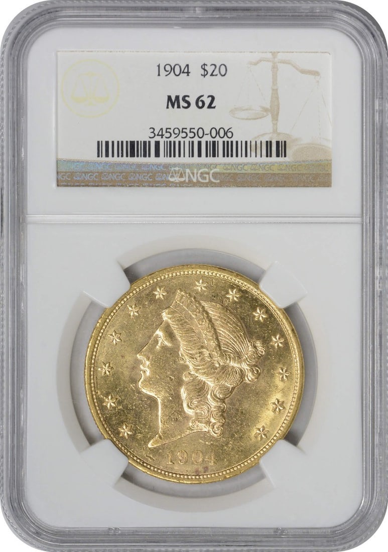 Uncirculated 1904 Liberty Head $20 Gold Coin MS62 NGC Certified: Uncirculated 1904 Liberty Head $20 Gold Coin MS62 NGC Certified This 1904 $20 Gold Liberty Head coin, designed by James Barton Longacre, is graded MS62 by NGC and originates from the Philadelphia Mint