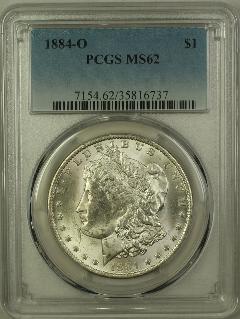 PCGS MS62 1884-O Morgan Dollar Silver $1 Coin: PCGS MS62 1884-O Morgan Dollar Silver $1 Coin This is an 1884-O Morgan Silver Dollar with a denomination of $1, minted in New Orleans. The coin is composed of silver and has been graded MS-62 by PCGS,