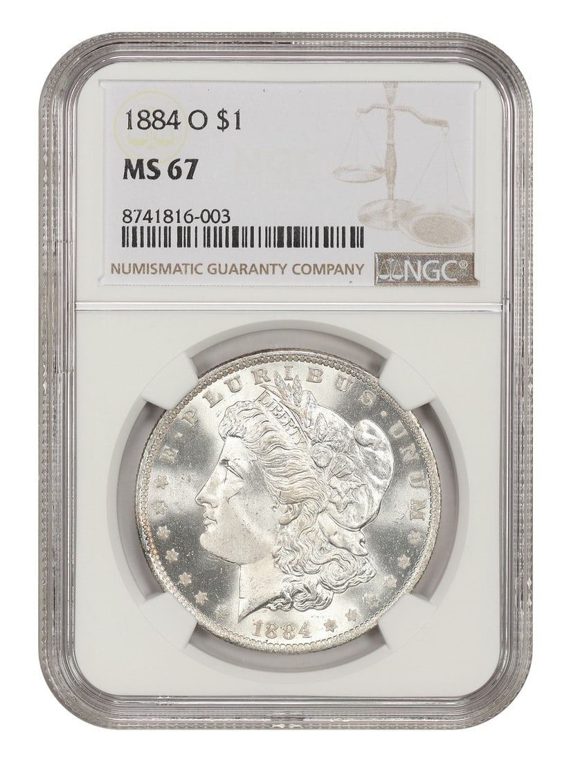 NGC MS67 1884 O Morgan Silver Dollar $1 New Orleans Mint: NGC MS67 1884 O Morgan Silver Dollar $1 New Orleans Mint 1884-O Morgan Dollar certified by NGC in MS67 grade. Struck at the New Orleans Mint, this uncirculated example represents a popular O-Mint Morg