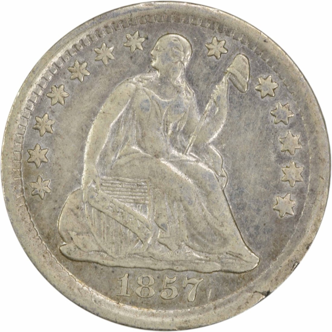 1857 Liberty Seated Half Dime 90% Silver Uncertified EF: 1857 Liberty Seated Half Dime 90% Silver Uncertified EF This 1857 Liberty Seated Silver Half Dime is a remarkable collectible coin from the United States, featuring the iconic seated design by Christi