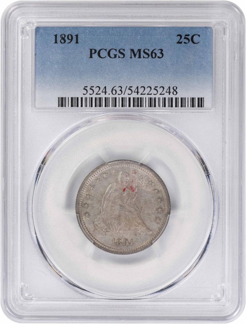 PCGS MS63 1891 Seated Liberty Silver 25C Quarter: PCGS MS63 1891 Seated Liberty Silver 25C Quarter 1891 Liberty Seated silver quarter certified by PCGS and graded MS63. This uncirculated United States 25C coin is a pre-owned example of the Seated Lib
