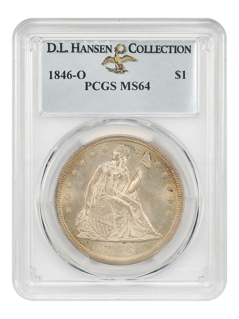 PCGS MS64 1846-O Liberty Seated Dollar ex D.L. Hansen: PCGS MS64 1846-O Liberty Seated Dollar ex D.L. Hansen 1846-O $1 certified by PCGS as MS64, ex: D.L. Hansen. Struck from a mintage of just 59,000 coins, this uncirculated example shows light, original 