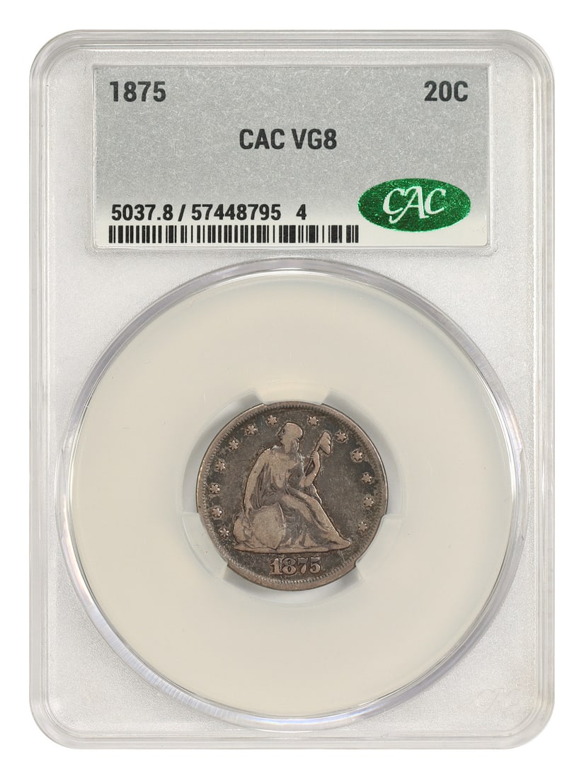 1875 Philadelphia 20C CACG VG08 Better Date Coin: 1875 Philadelphia 20C CACG VG08 Better Date Coin 1875 Twenty Cent coin certified by CACG in VG08 condition. This circulated Philadelphia issue is noted as a better P-mint 20-cent piece with a low mint