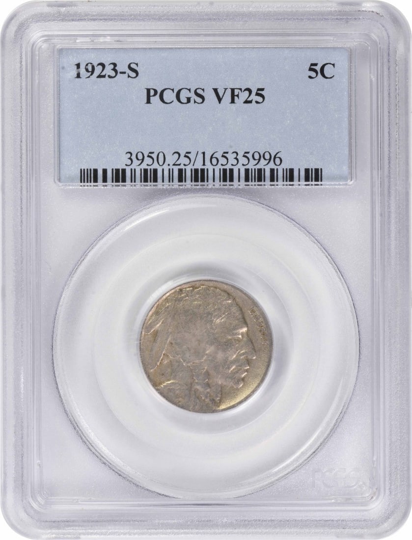PCGS VF25 1923 S Buffalo 5C Nickel: PCGS VF25 1923 S Buffalo 5C Nickel 1923-S Buffalo nickel certified by PCGS. This circulated 5-cent United States coin features the Buffalo design by James Earle Fraser and is offered in pre-owned cond