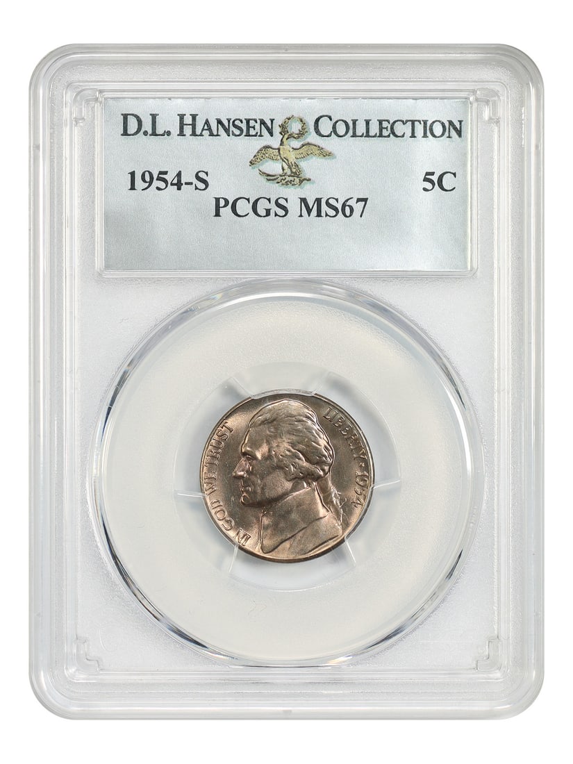 Jefferson Nickel 1954-S 5C PCGS MS67 ex D.L. Hansen: Jefferson Nickel 1954-S 5C PCGS MS67 ex D.L. Hansen 1954-S Jefferson Nickel certified by PCGS as MS67 and noted ex: D.L. Hansen. This uncirculated, pre-owned example is described as a highly lustrous 