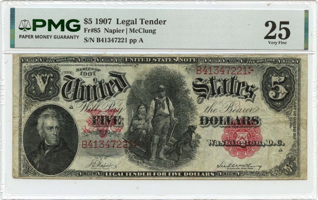 PMG VF25 1907 United States 5 Dollar Legal Tender Note Fr 85 Woodchopper: PMG VF25 1907 United States 5 Dollar Legal Tender Note Fr 85 Woodchopper 1907 United States $5 Legal Tender Note, commonly known as the Woodchopper note. This circulated example is PMG graded VF25 and