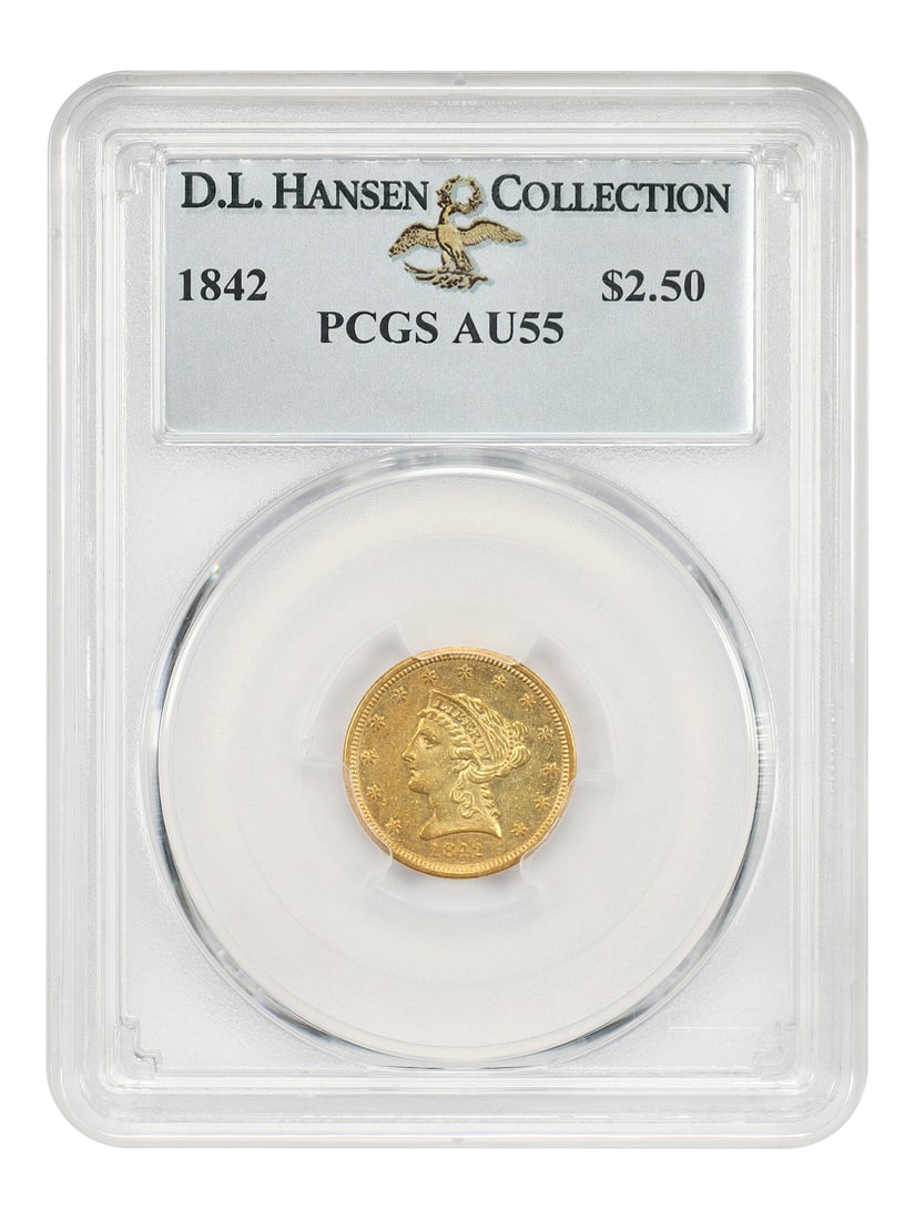 1842 Liberty Head Quarter Eagle $2.50 PCGS AU55 ex D.L. Hansen: 1842 Liberty Head Quarter Eagle $2.50 PCGS AU55 ex D.L. Hansen 1842 Liberty Head $2.50 Quarter Eagle certified PCGS AU55, ex: D.L. Hansen. Struck at Philadelphia, this circulated example comes from an