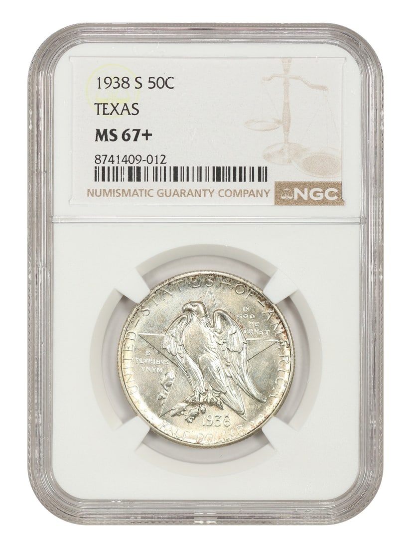NGC MS67+ 1938-S Texas 50C Silver Commemorative Half Dollar: NGC MS67+ 1938-S Texas 50C Silver Commemorative Half Dollar 1938-S 50C Texas classic silver commemorative coin graded MS67+ by NGC. This uncirculated San Francisco issue has an ultra-low mintage of ju