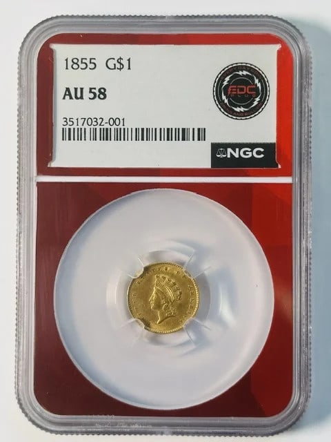 1855 USA Gold Dollar Type 2 Indian Princess Small Head NGC AU 58: 1855 USA Gold Dollar Type 2 Indian Princess Small Head NGC AU 58 1855 Gold Dollar featuring the Indian Princess Head, Small Head Type 2 design. This pre-owned coin is certified by NGC and graded AU 58