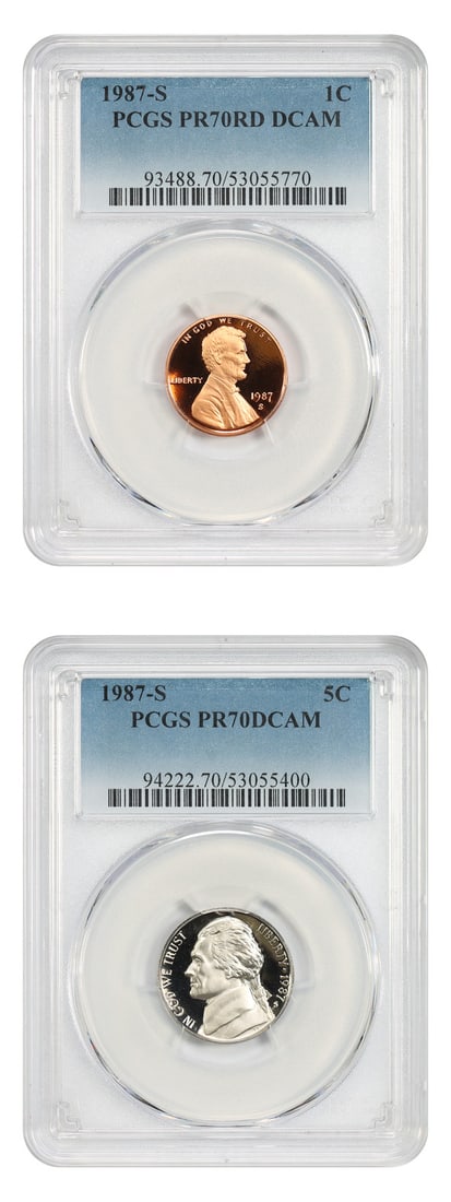2 PCGS PR70DCAM 1987-S Lincoln Cent Modern 1C Coins: 2 PCGS PR70DCAM 1987-S Lincoln Cent Modern 1C Coins Lot of 2 1987-S Lincoln Cent (Modern) coins certified by PCGS as PR70DCAM. The listing is for 1C coins from the San Francisco mint, dated 1987, and 