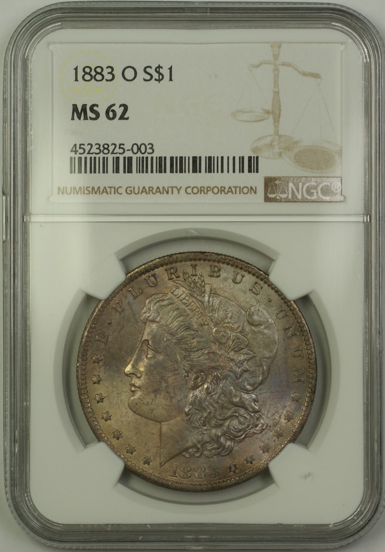 NGC MS-62 1883-O Morgan Dollar Toned Silver Coin: NGC MS-62 1883-O Morgan Dollar Toned Silver Coin This is an 1883-O Morgan Silver Dollar, graded MS-62 by NGC. The coin is uncirculated and features natural toning. Minted in New Orleans, it is compose
