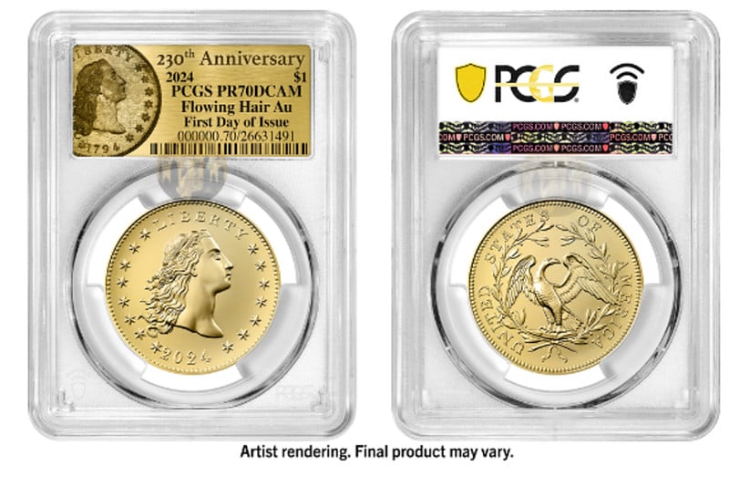 2024 Flowing Hair Gold Dollar PR70 Coin 230th Anniversary PCGS: 2024 Flowing Hair Gold Dollar PR70 Coin 230th Anniversary PCGS This stunning 2024 Flowing Hair Gold Dollar coin commemorates the 230th anniversary of this iconic design. Crafted by the U.S. Mint, this